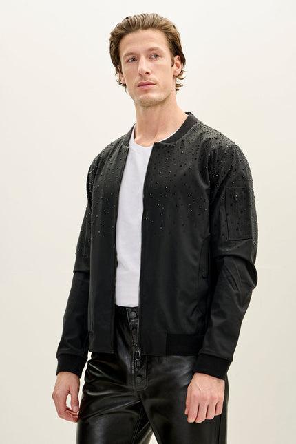 Men's Crystal Embellished Leather Bomber - Black | Ron Tomson