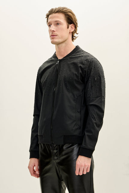 Men's Crystal Embellished Leather Bomber - Black | Ron Tomson