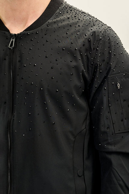 Men's Crystal Embellished Leather Bomber - Black | Ron Tomson