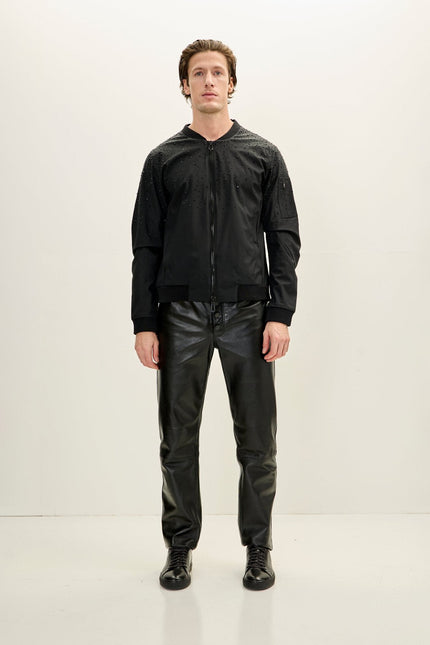 Men's Crystal Embellished Leather Bomber - Black | Ron Tomson