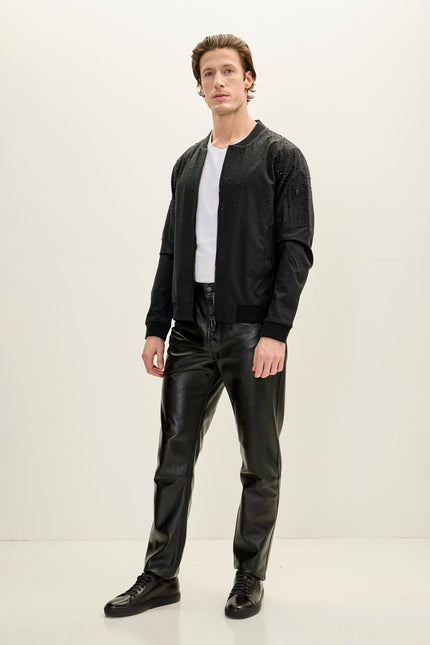 Men's Crystal Embellished Leather Bomber - Black | Ron Tomson