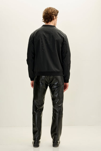 Men's Crystal Embellished Leather Bomber - Black | Ron Tomson