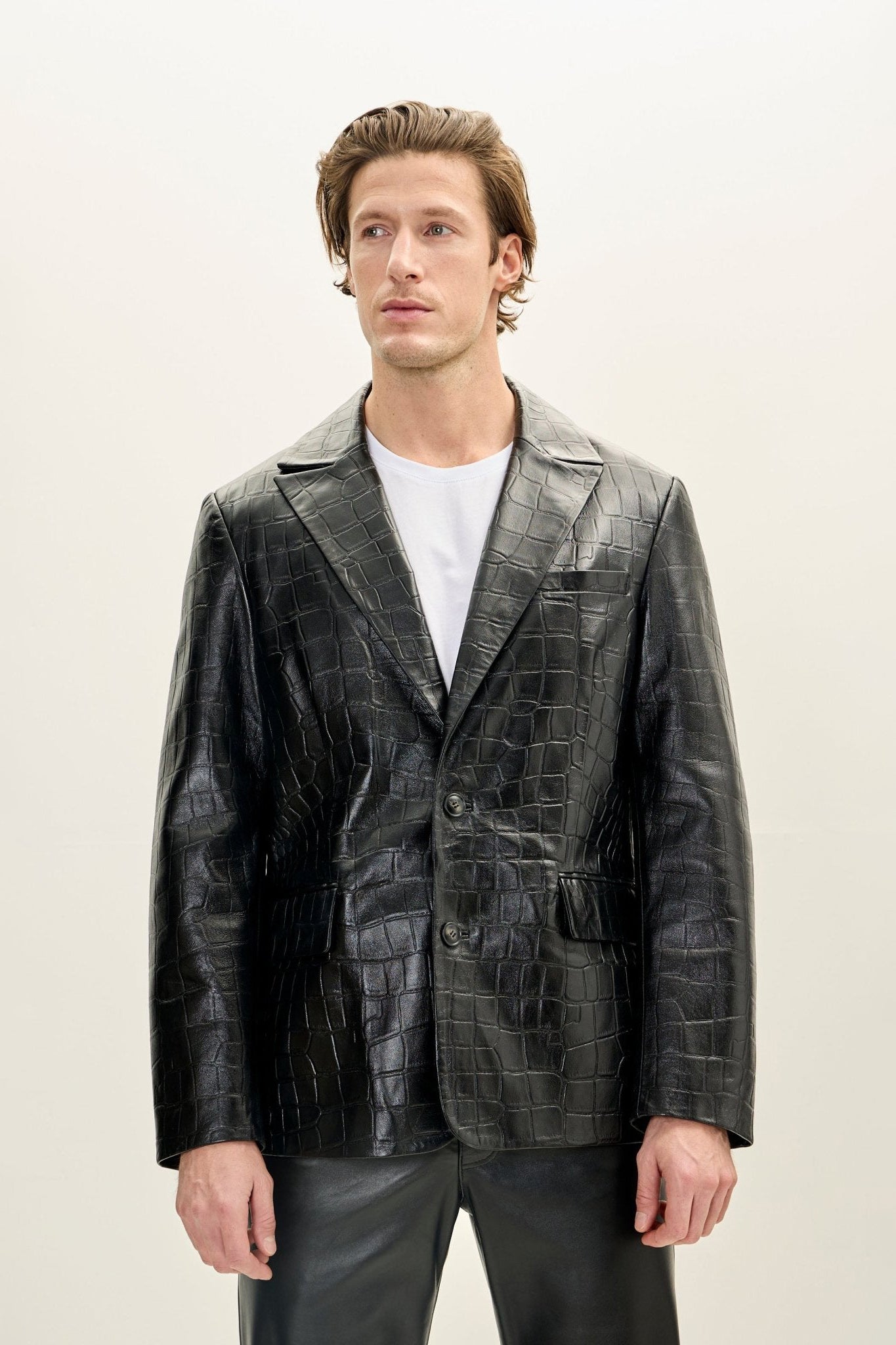 Men's Croc Embossed Leather Blazer - Black | Ron Tomson