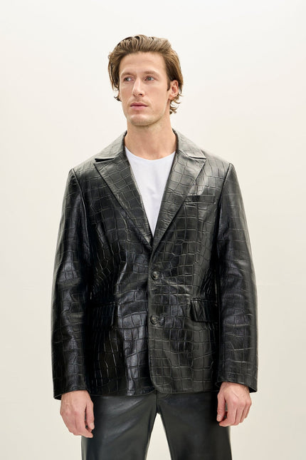 Men's Croc Embossed Leather Blazer - Black | Ron Tomson