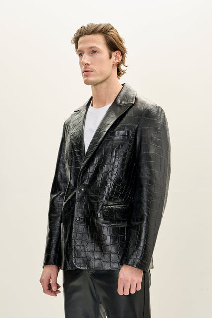 Men's Croc Embossed Leather Blazer - Black | Ron Tomson