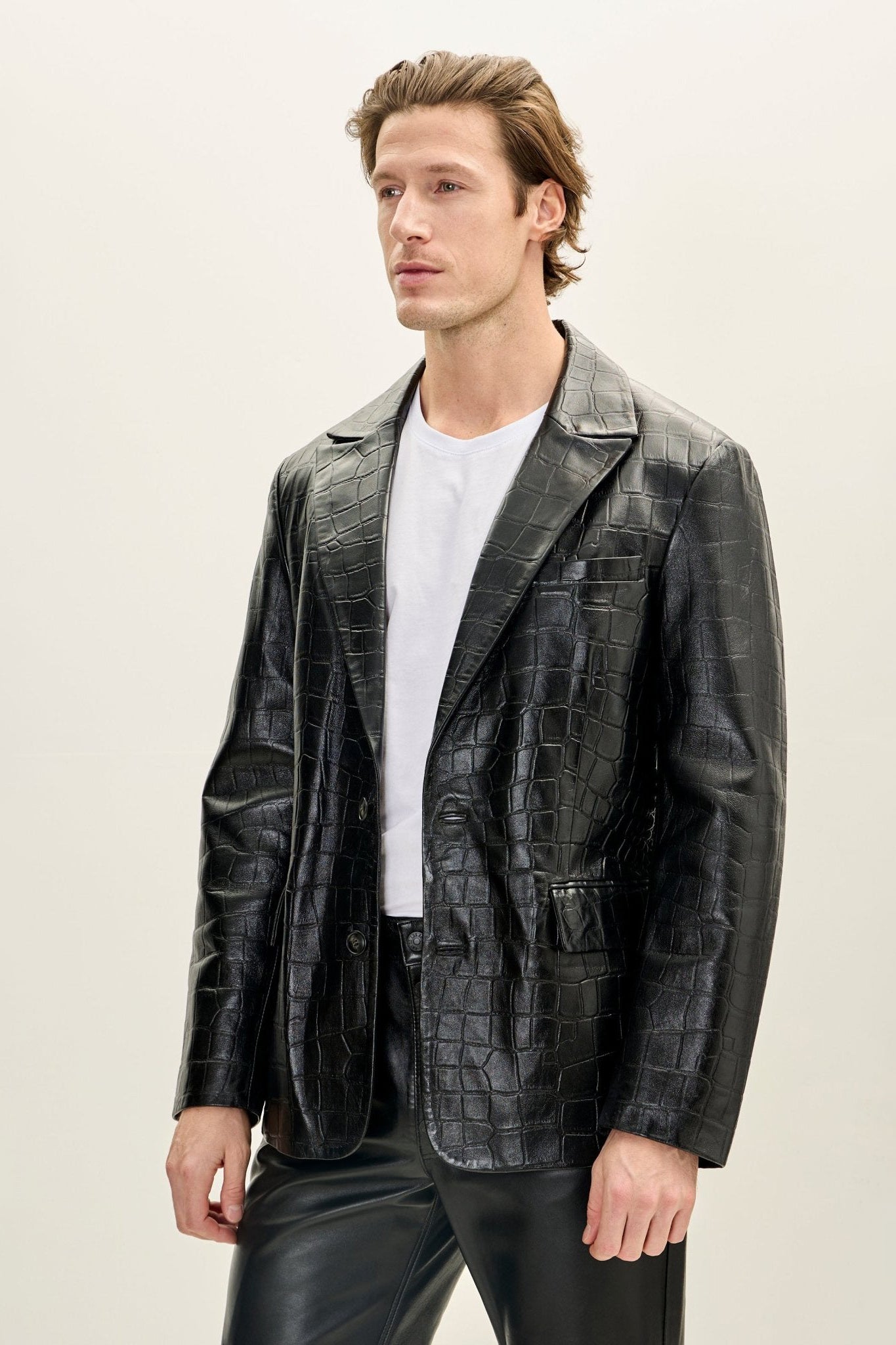 Men's Croc Embossed Leather Blazer - Black | Ron Tomson