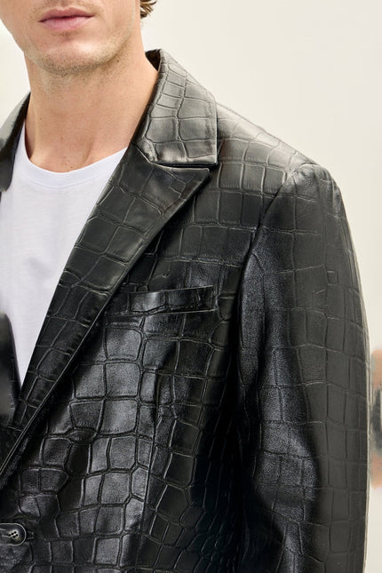 Men's Croc Embossed Leather Blazer - Black | Ron Tomson