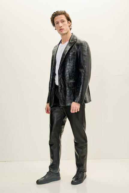 Men's Croc Embossed Leather Blazer - Black | Ron Tomson