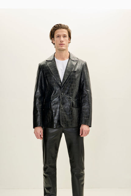 Men's Croc Embossed Leather Blazer - Black | Ron Tomson