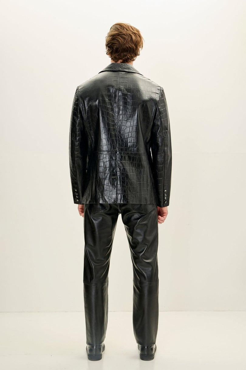 Men's Croc Embossed Leather Blazer - Black | Ron Tomson
