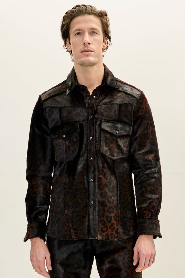 Men's Calf Hair Western Shirt - Black Leopard | Ron Tomson