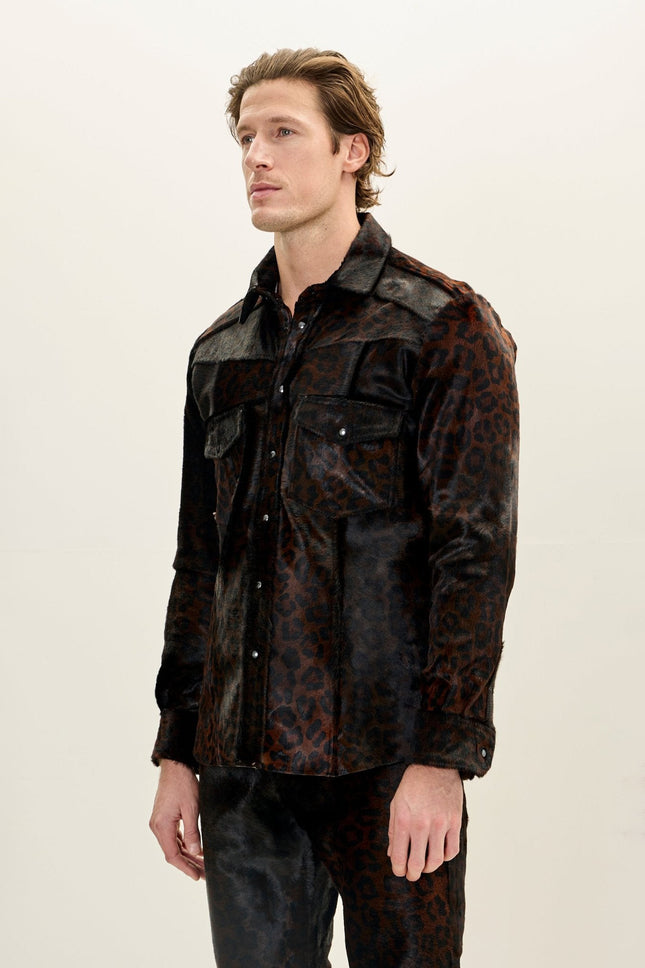 Men's Calf Hair Western Shirt - Black Leopard | Ron Tomson