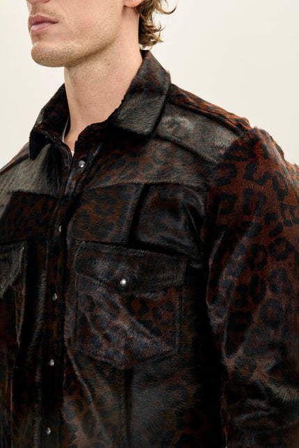 Men's Calf Hair Western Shirt - Black Leopard | Ron Tomson