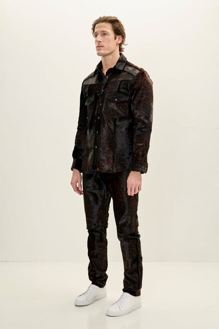 Men's Calf Hair Western Shirt - Black Leopard | Ron Tomson