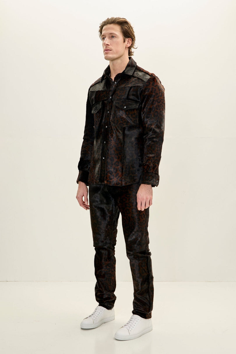 Men's Calf Hair Western Shirt - Black Leopard | Ron Tomson