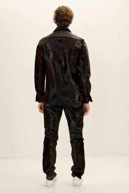 Men's Calf Hair Western Shirt - Black Leopard | Ron Tomson