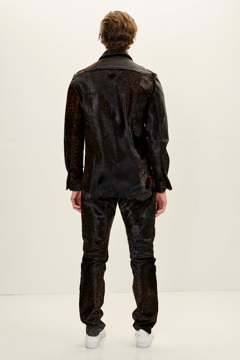 Men's Calf Hair Western Shirt - Black Leopard | Ron Tomson