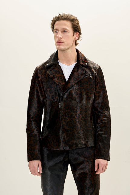 Men's Calf Hair Asymmetric Moto Jacket - Black Leopard | Ron Tomson