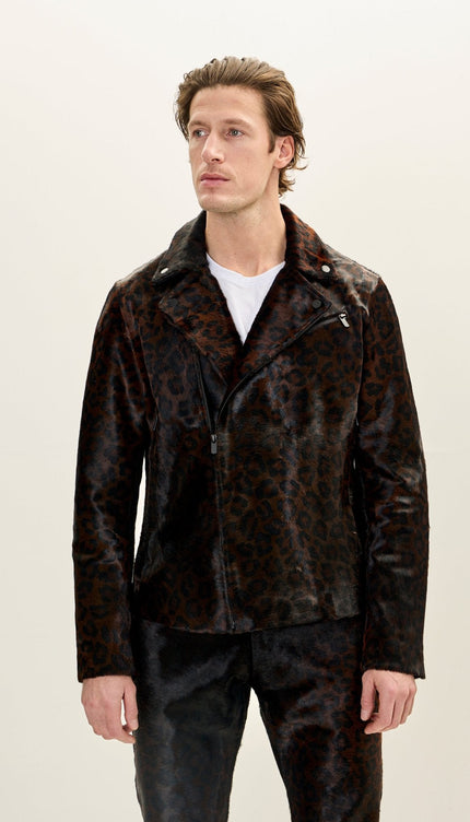 Calf Hair Asymmetric Moto Jacket - Black Leopard