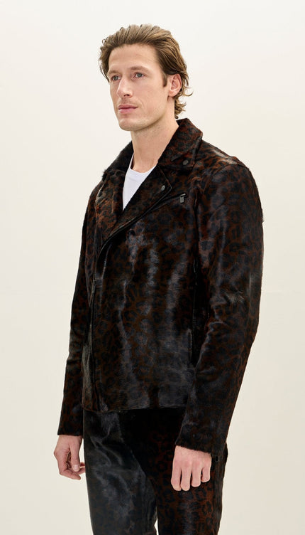 Calf Hair Asymmetric Moto Jacket - Black Leopard