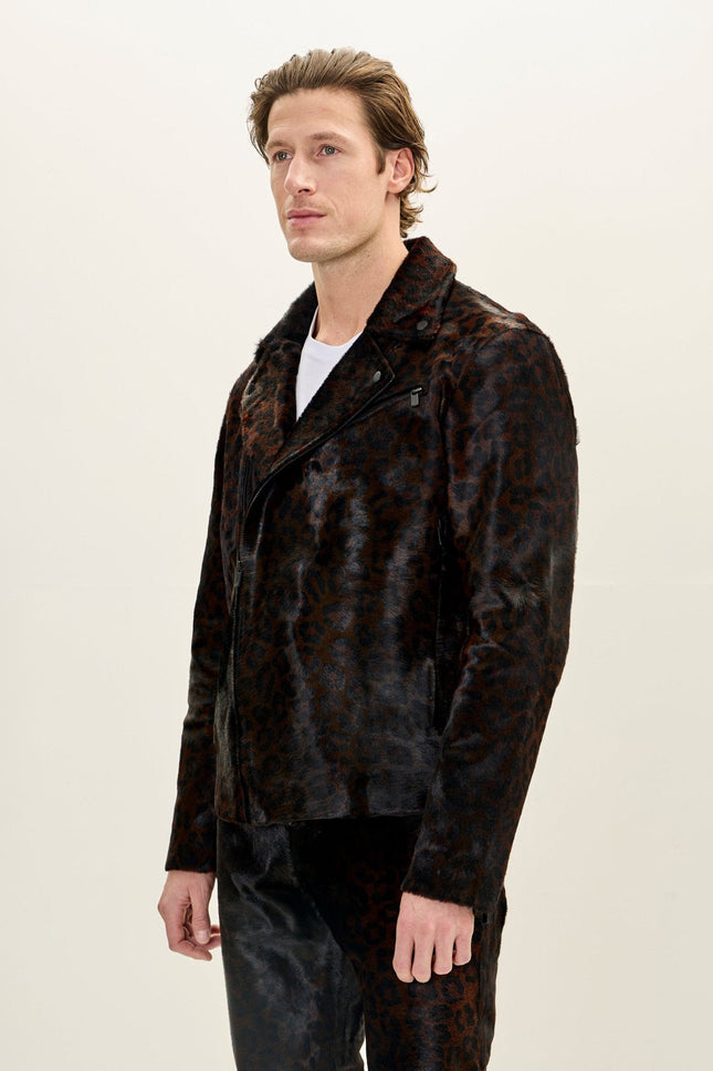 Men's Calf Hair Asymmetric Moto Jacket - Black Leopard | Ron Tomson