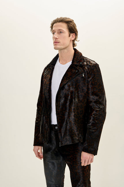 Men's Calf Hair Asymmetric Moto Jacket - Black Leopard | Ron Tomson