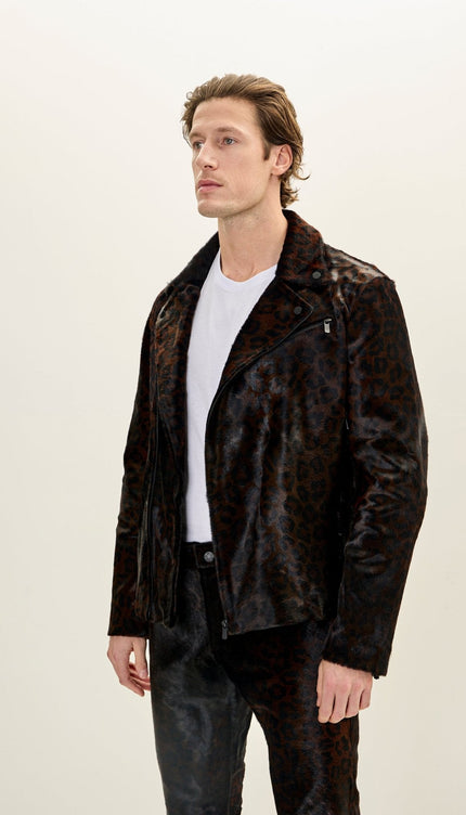 Calf Hair Asymmetric Moto Jacket - Black Leopard