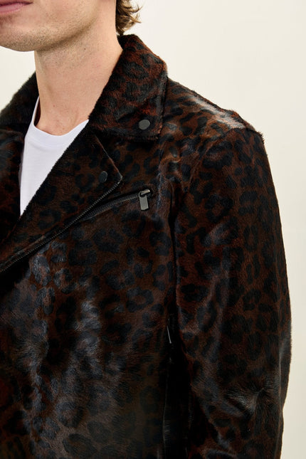 Men's Calf Hair Asymmetric Moto Jacket - Black Leopard | Ron Tomson