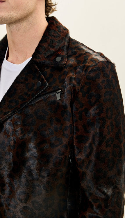 Calf Hair Asymmetric Moto Jacket - Black Leopard