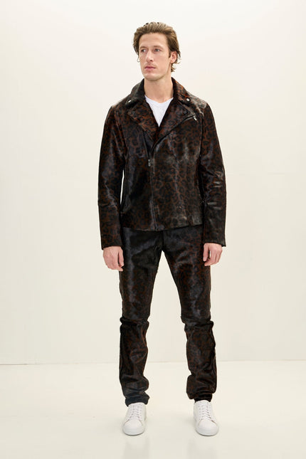 Men's Calf Hair Asymmetric Moto Jacket - Black Leopard | Ron Tomson