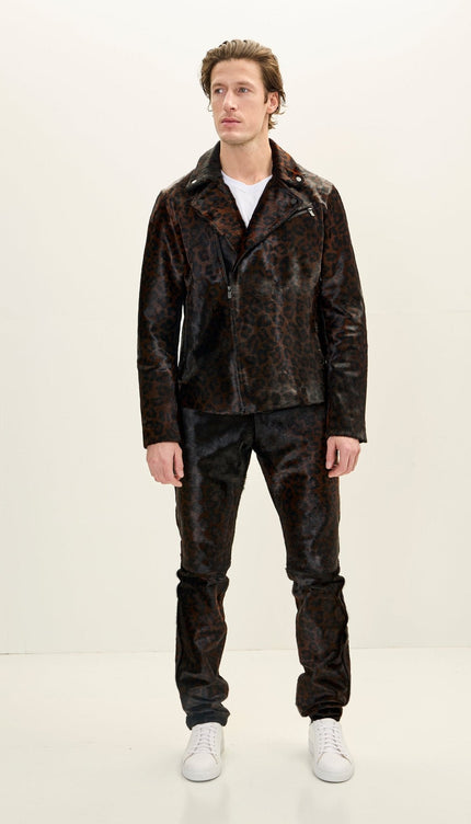 Calf Hair Asymmetric Moto Jacket - Black Leopard
