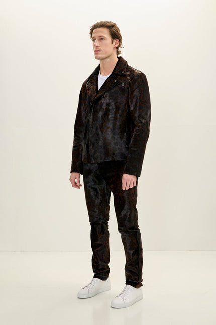 Men's Calf Hair Asymmetric Moto Jacket - Black Leopard | Ron Tomson