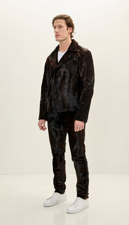 Calf Hair Asymmetric Moto Jacket - Black Leopard