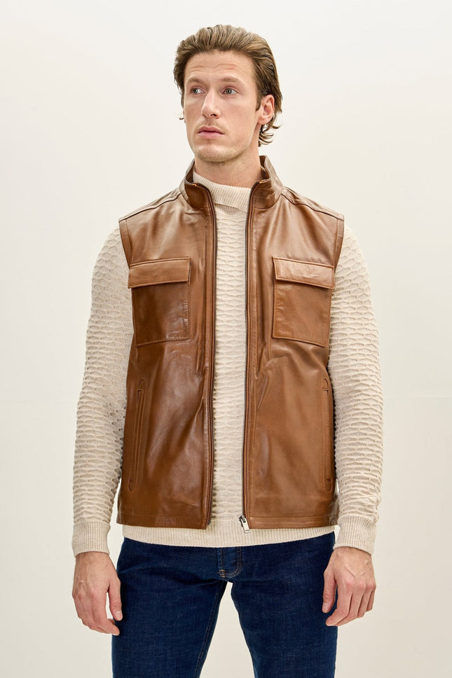 Men's Leather Patch Pocket Vest - Brown | Ron Tomson