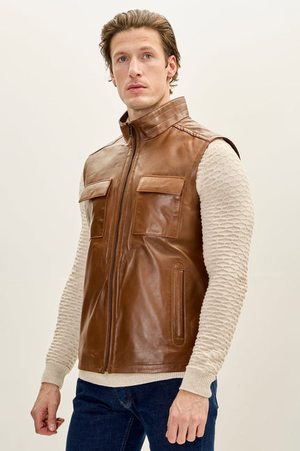 Men's Leather Patch Pocket Vest - Brown | Ron Tomson
