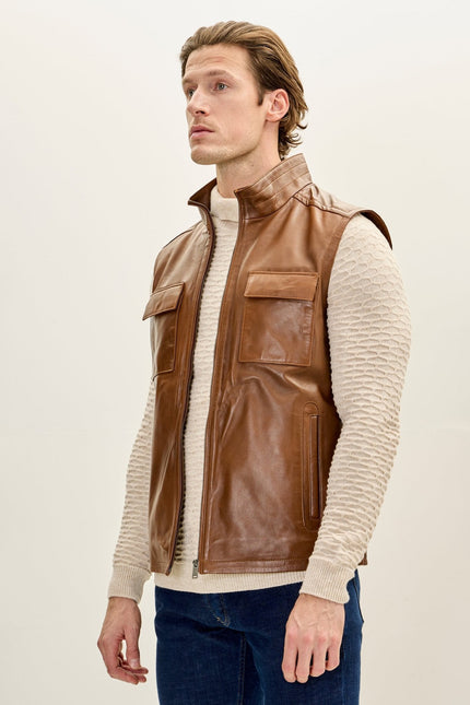 Men's Leather Patch Pocket Vest - Brown | Ron Tomson