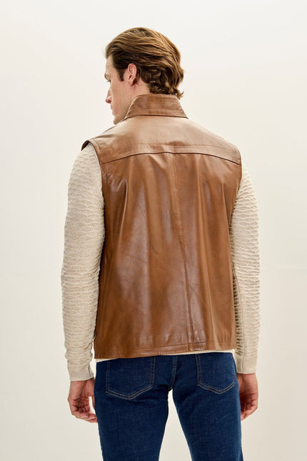 Men's Leather Patch Pocket Vest - Brown | Ron Tomson