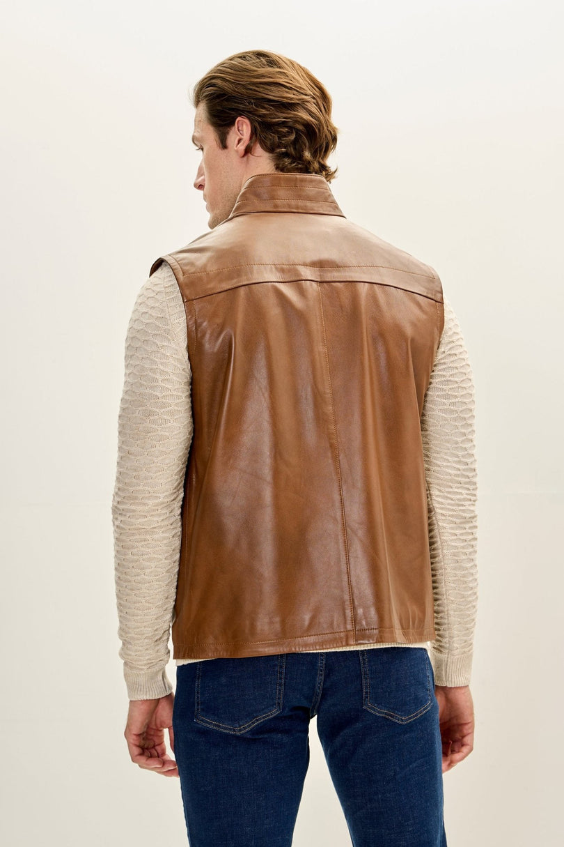 Men's Leather Patch Pocket Vest - Brown | Ron Tomson
