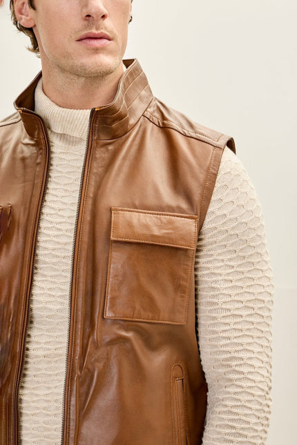 Men's Leather Patch Pocket Vest - Brown | Ron Tomson