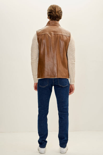 Men's Leather Patch Pocket Vest - Brown | Ron Tomson