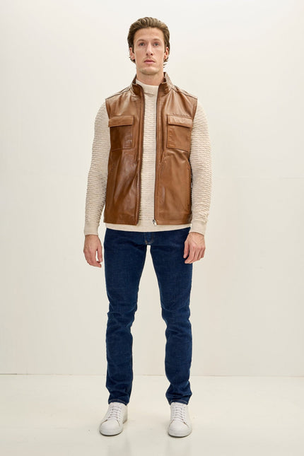 Men's Leather Patch Pocket Vest - Brown | Ron Tomson