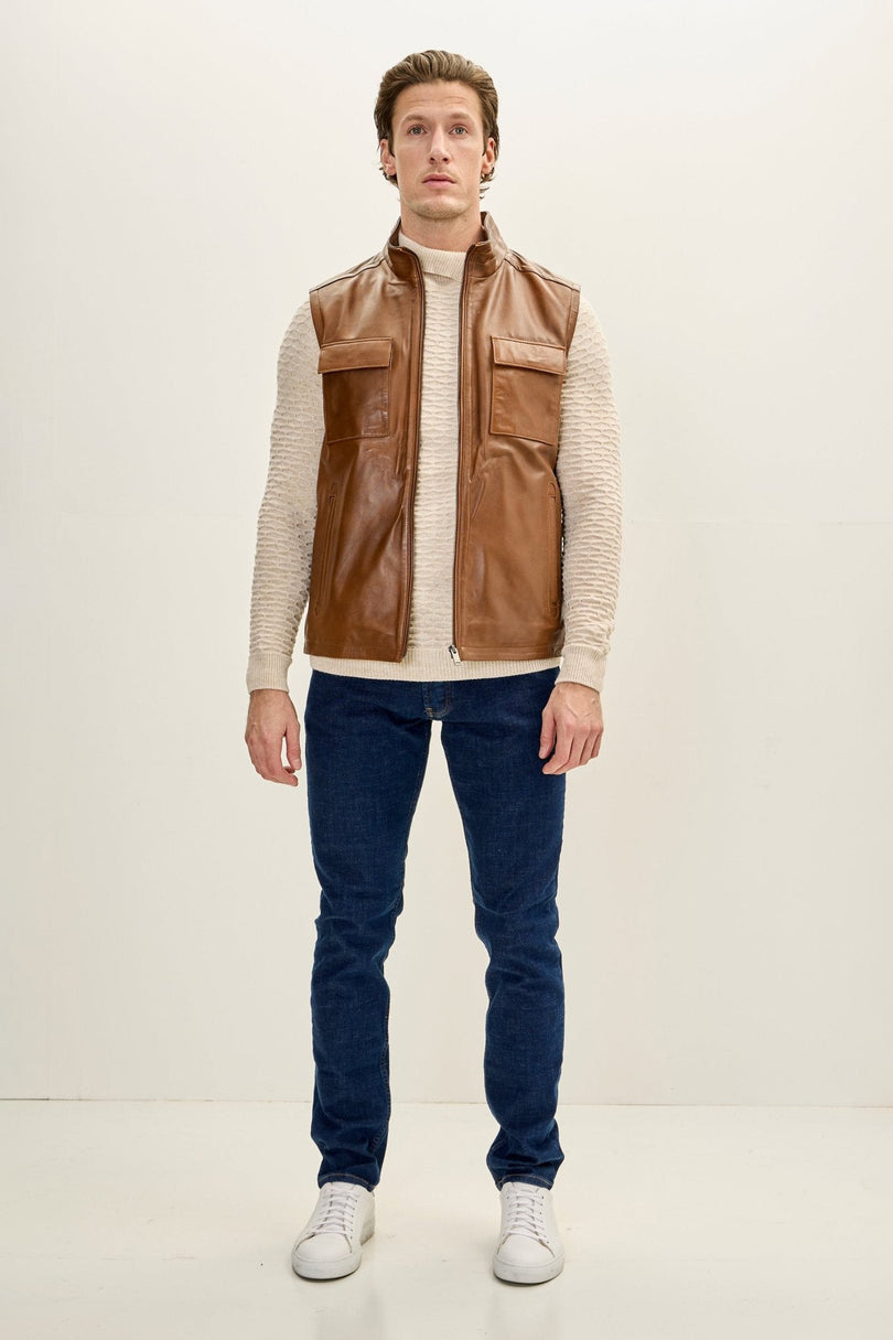 Men's Leather Patch Pocket Vest - Brown | Ron Tomson