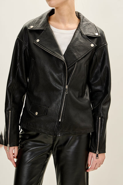 Women's Lace-up Leather Biker Jacket - Black | Ron Tomson