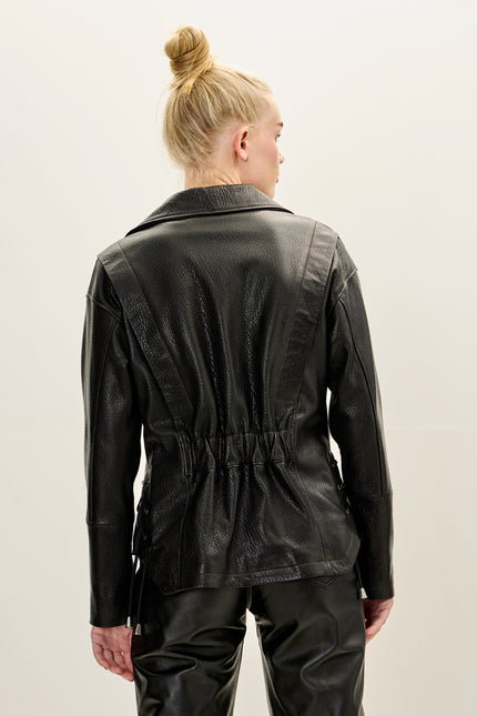 Women's Lace-up Leather Biker Jacket - Black | Ron Tomson