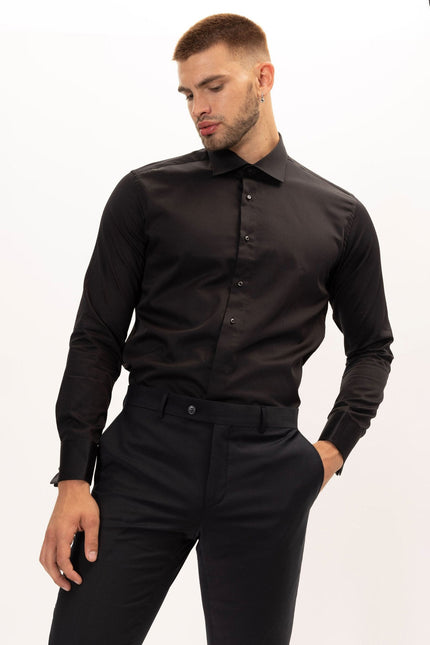Men's French Cuff Tuxedo Shirt - Black | Ron Tomson