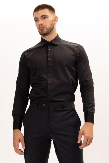 Men's French Cuff Tuxedo Shirt - Black | Ron Tomson