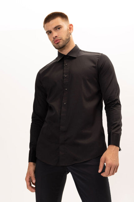 Men's French Cuff Tuxedo Shirt - Black | Ron Tomson