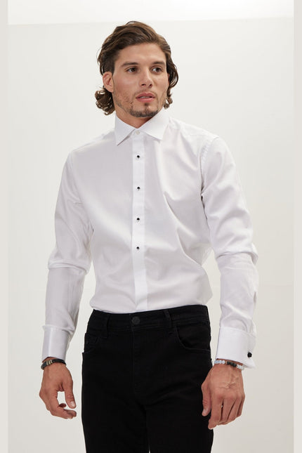 Men's Stud Button French Cuff Tuxedo Shirt - White | Ron Tomson