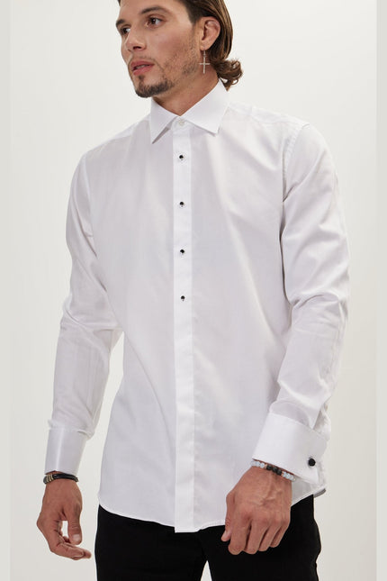 Men's Stud Button French Cuff Tuxedo Shirt - White | Ron Tomson