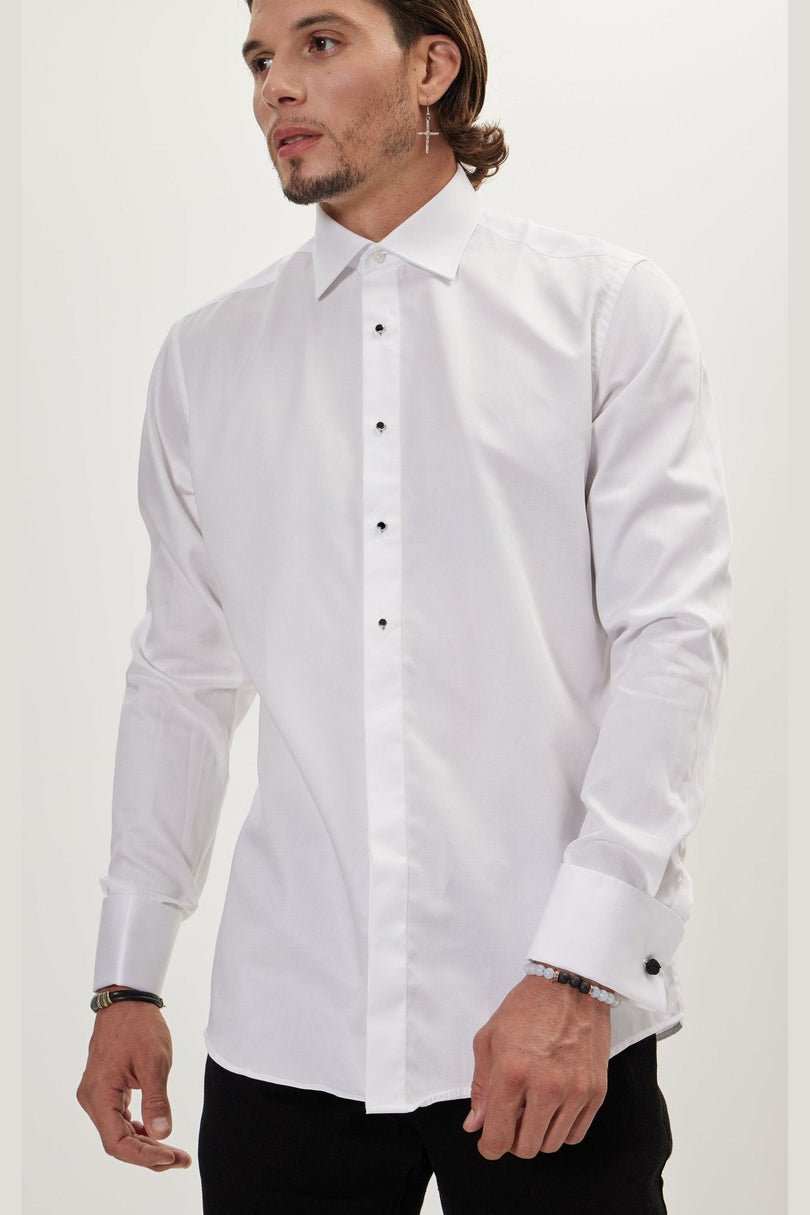 Men's Stud Button French Cuff Tuxedo Shirt - White | Ron Tomson